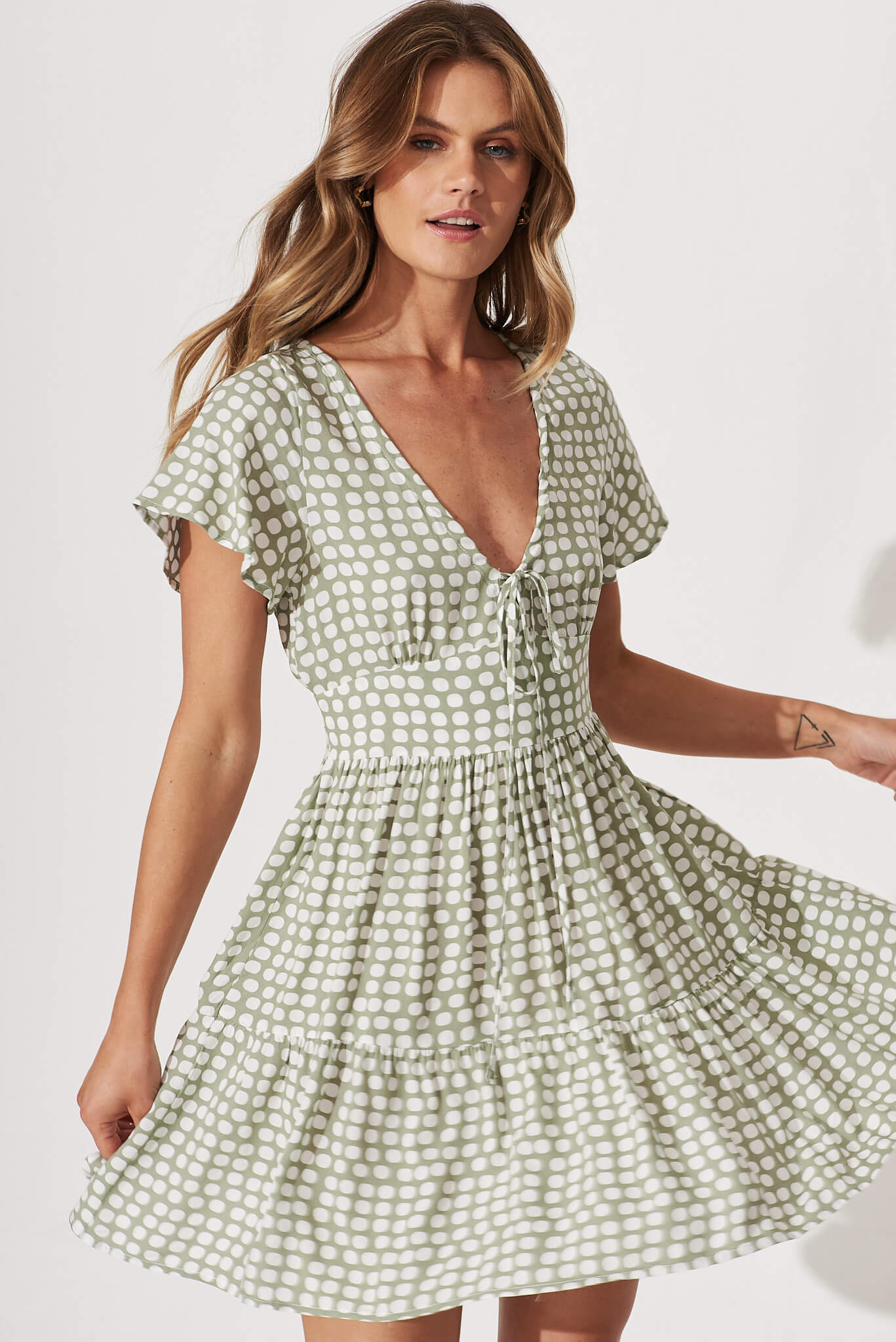 Julien Dress In Green With White Polka Dot St Frock