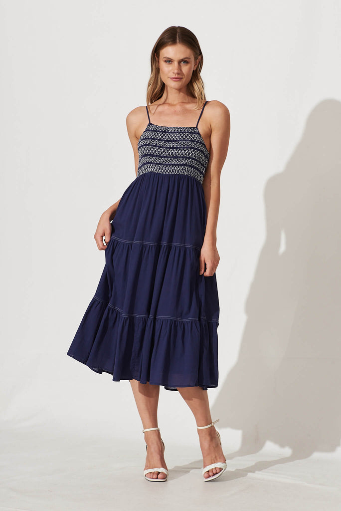 Sunseeker Midi Sundress In Navy Cotton - full length