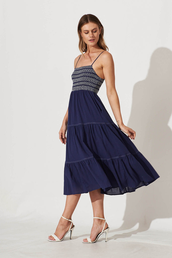 Sunseeker Midi Sundress In Navy Cotton - side