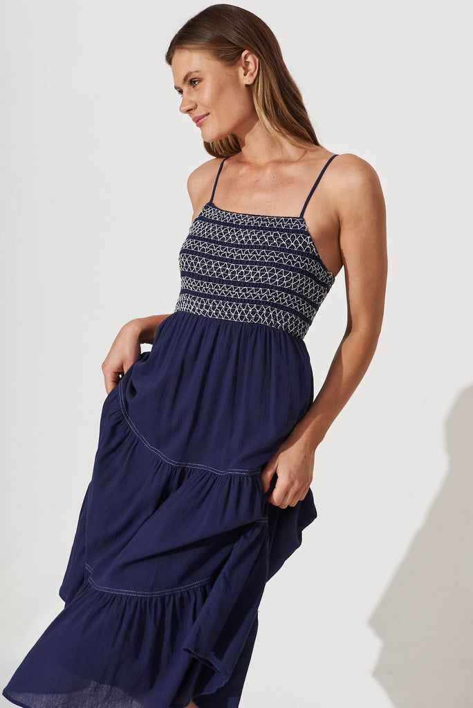 Sunseeker Midi Sundress In Navy Cotton - front