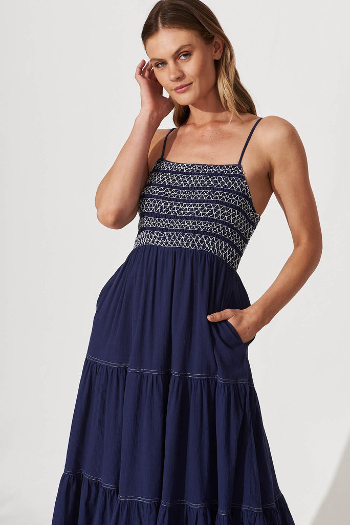 Sunseeker Midi Sundress In Navy Cotton - front