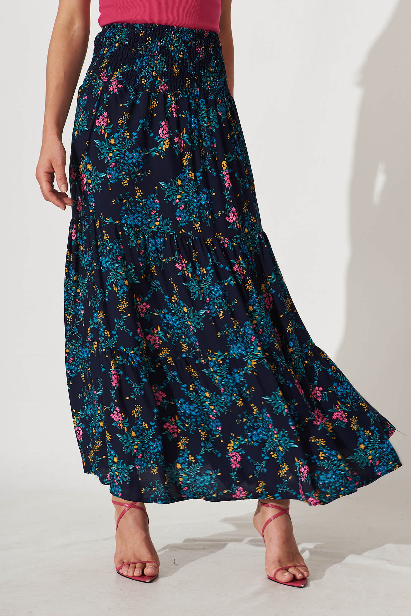 Macarena Maxi Skirt In Navy With Blue Floral – St Frock