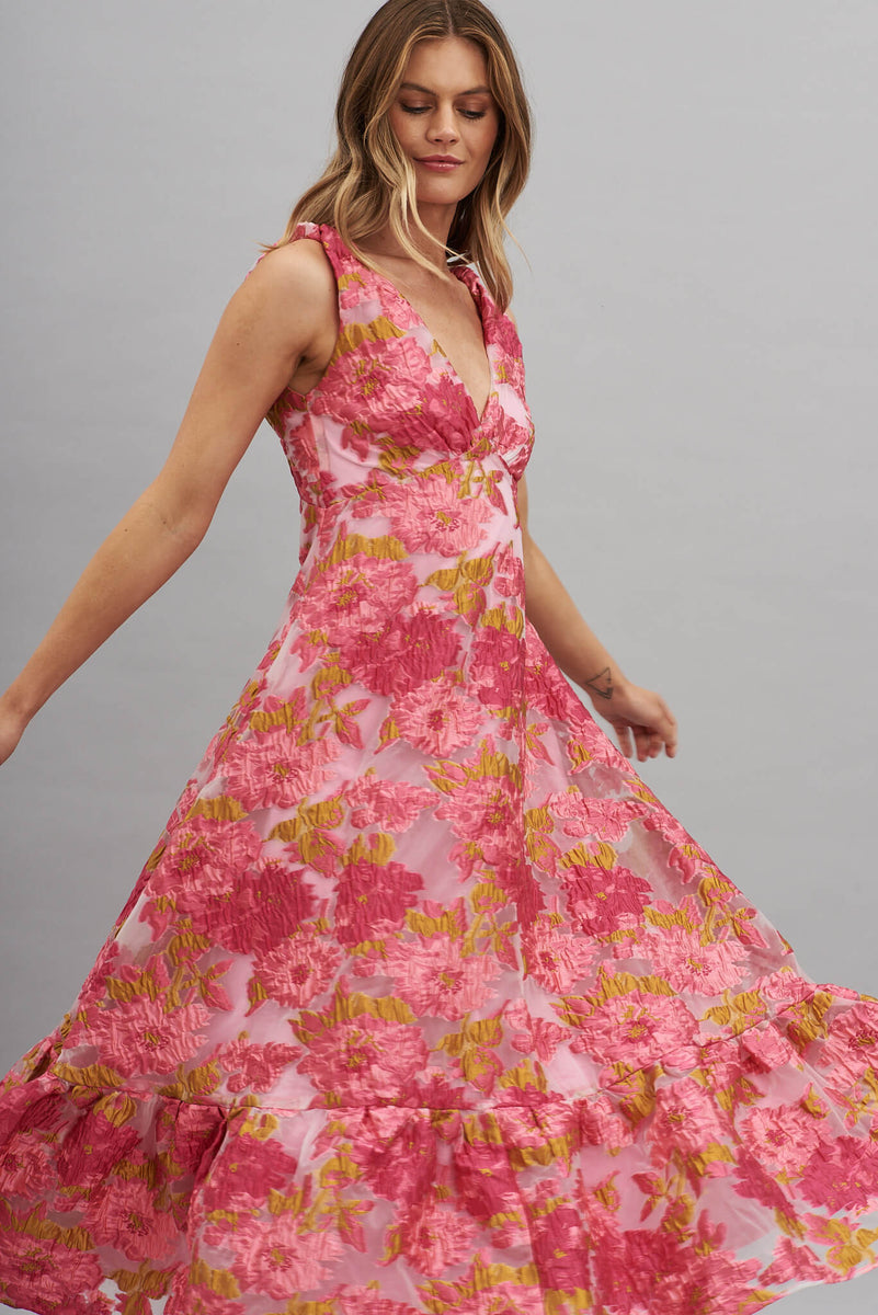 Deluxe Maxi Dress In Pink Floral Organza Burnout – St Frock