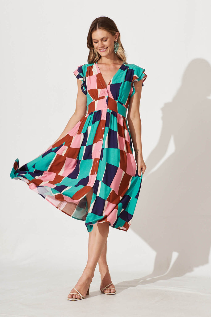 Rita Midi Dress In Multi Abstract Squares Print - full length