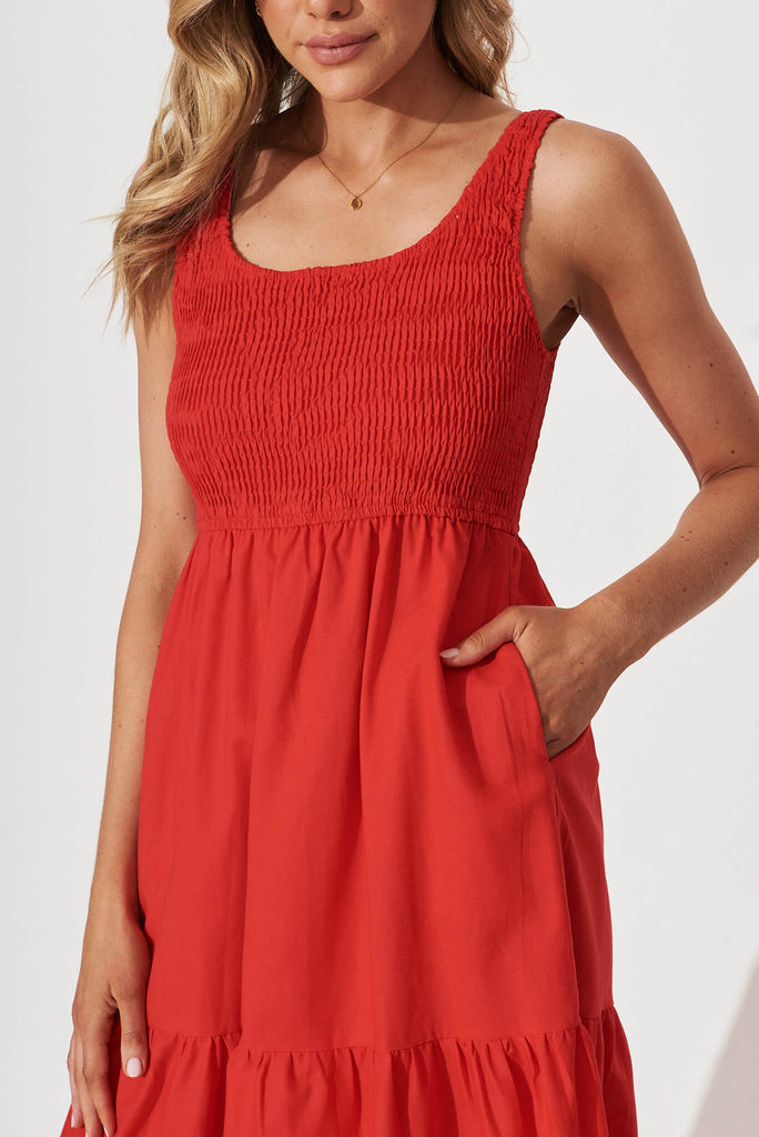 Caribbean Midi Dress In Red Cotton Linen - detail