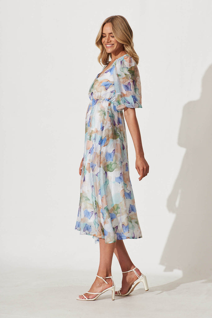 Manilla Midi Dress In Blue Multi Watercolour Floral - side