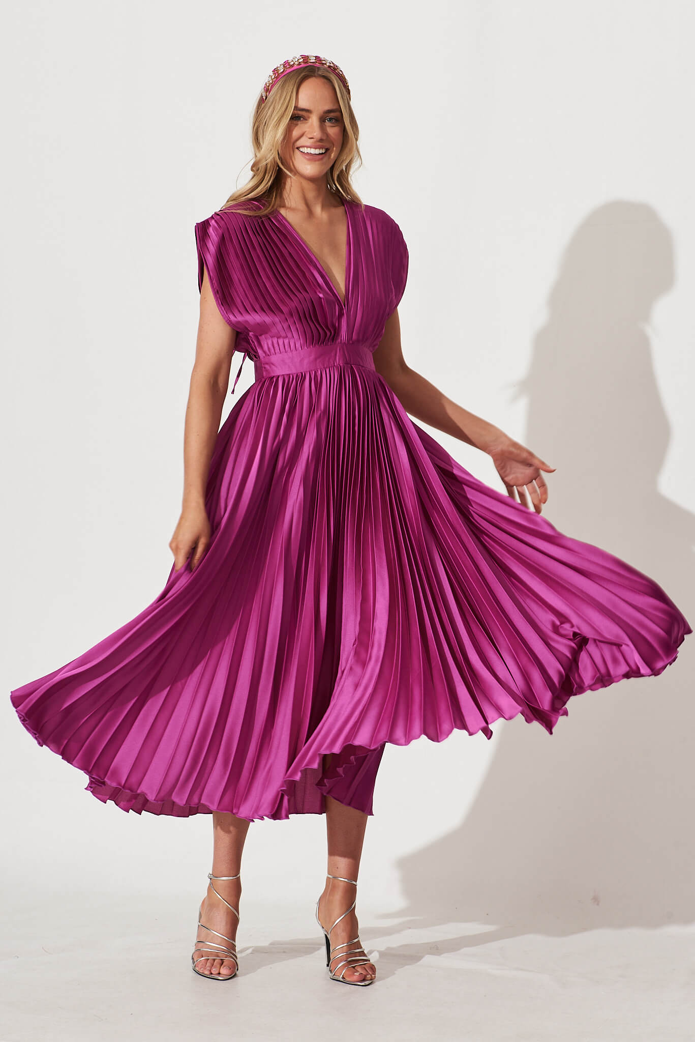 Anetta Midi Dress In Pleated Magenta Satin - full length