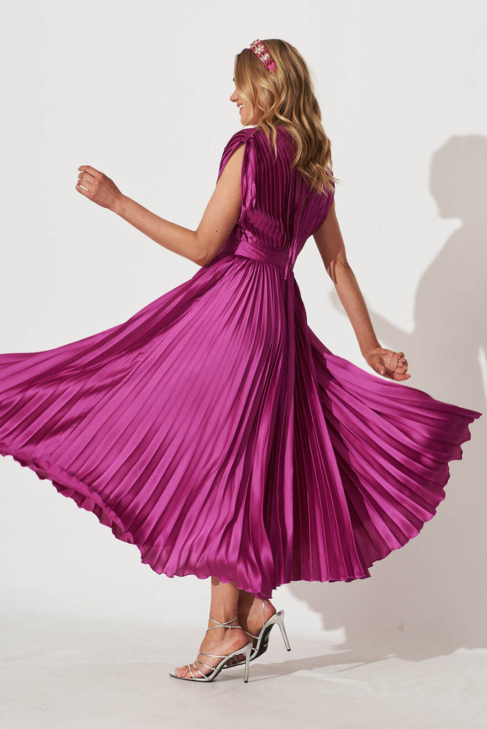 Anetta Midi Dress In Pleated Magenta Satin - side