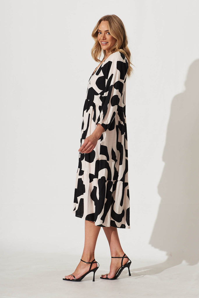 Vega Midi Dress In Cream And Black Geo Print Linen Blend - side