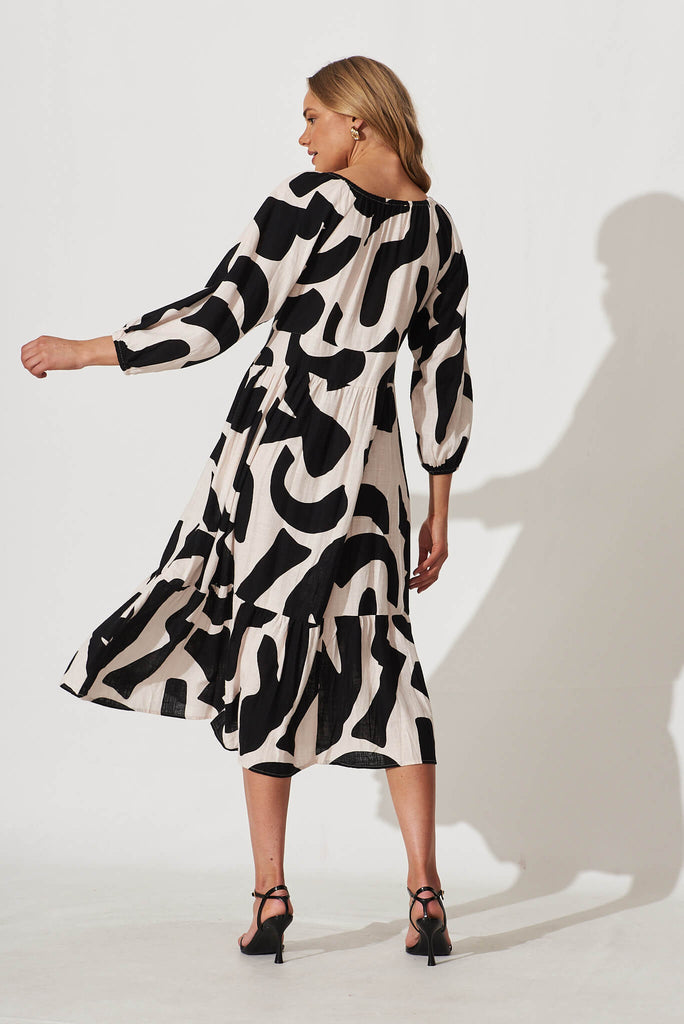 Vega Midi Dress In Cream And Black Geo Print Linen Blend - back