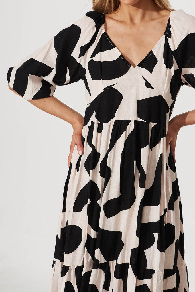 Vega Midi Dress In Cream And Black Geo Print Linen Blend - detail