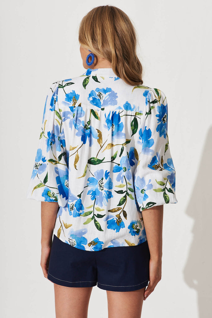 Botanica Shirt In White With Blue Floral Linen Blend - back