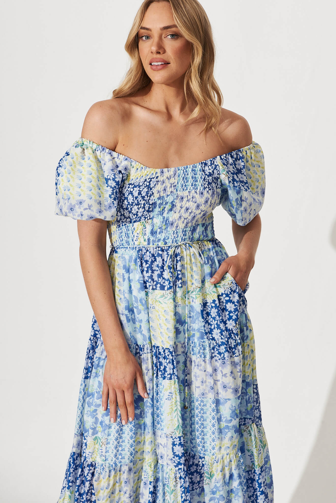 Butterfly Midi Dress In Blue Patchwork Floral – St Frock