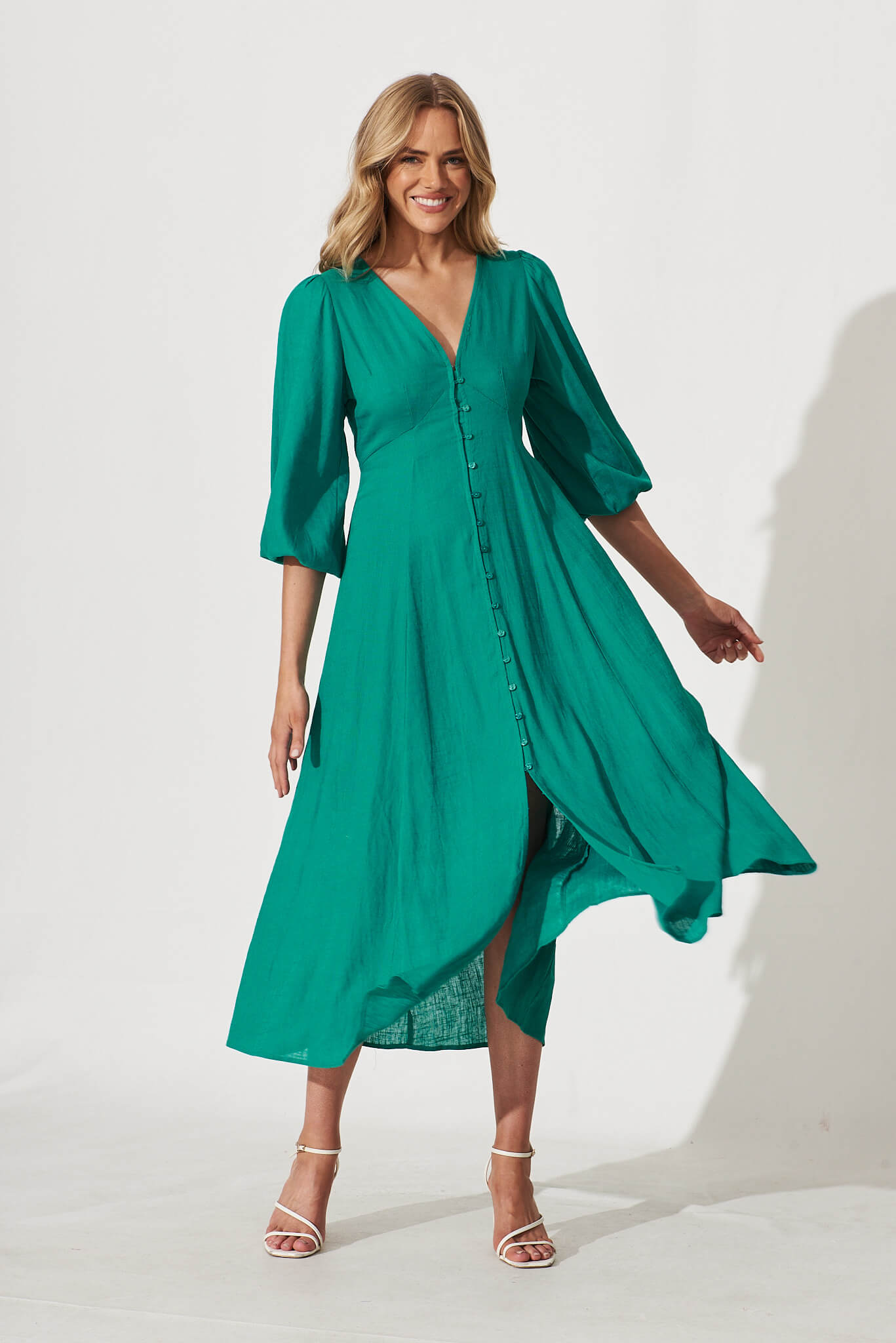 Mercy Midi Dress In Teal Linen Blend - full length