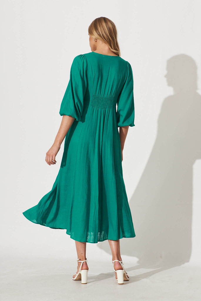 Mercy Midi Dress In Teal Linen Blend - back