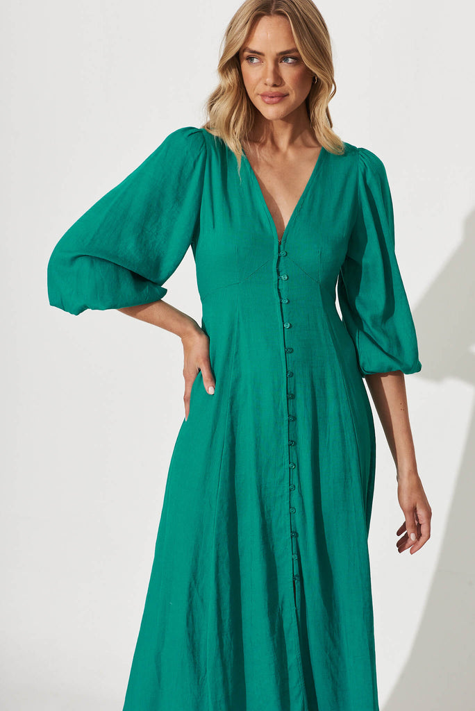 Mercy Midi Dress In Teal Linen Blend - front