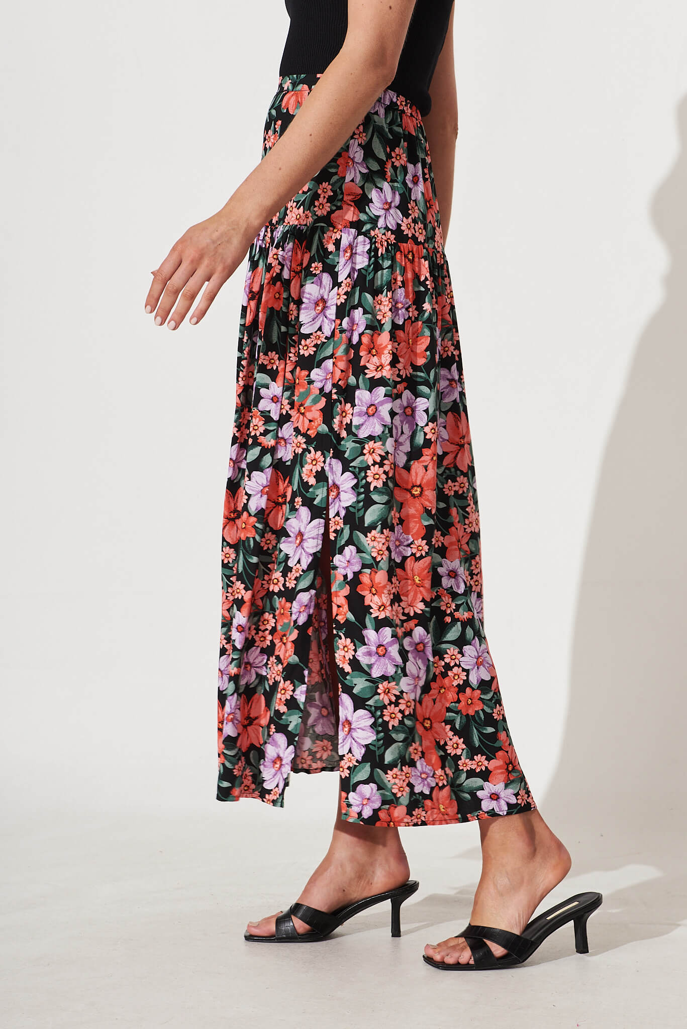 Cassandra Maxi Skirt In Black With Multi Floral Print – St Frock
