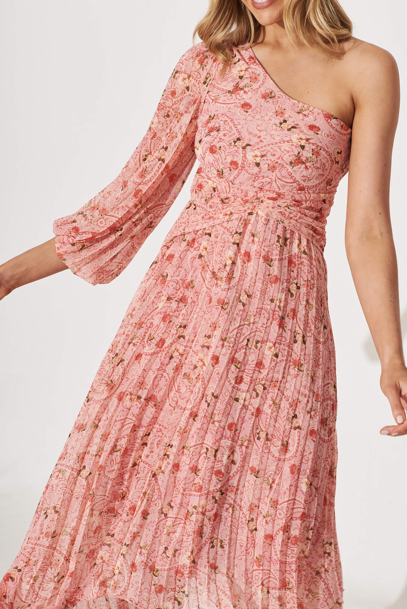 Cabana One Shoulder Midi Dress In Pink Floral Chiffon St Frock