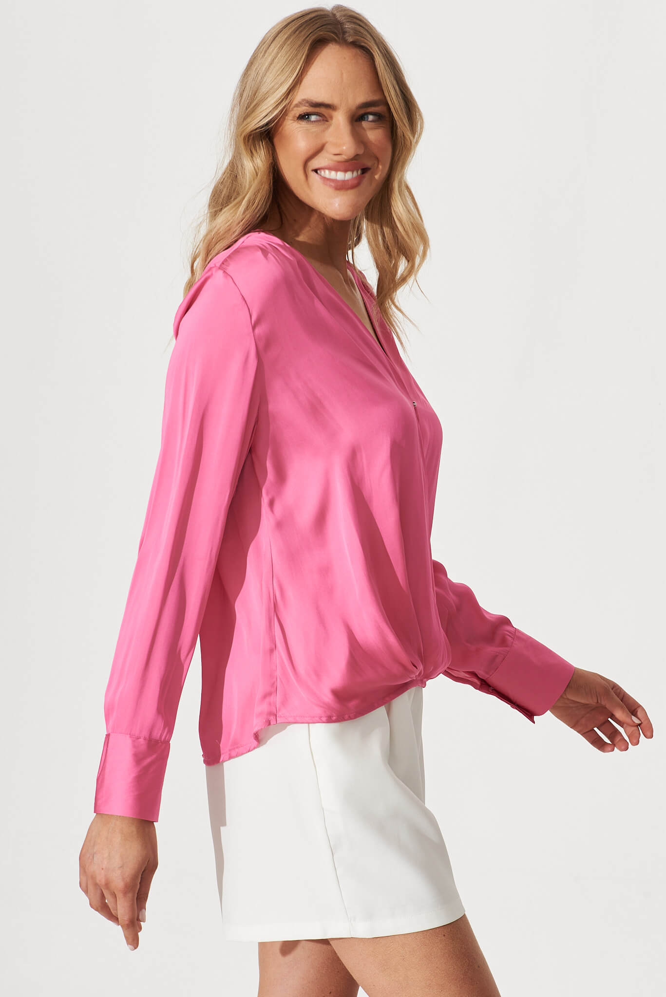 Lara Mock Wrap Top In Pink Satin – St Frock