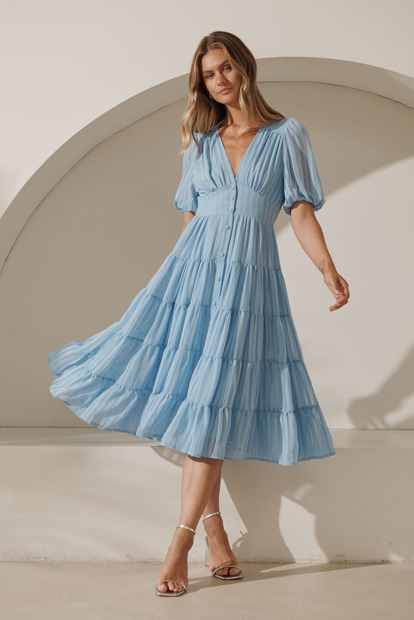 Modica Midi Dress In Pale Blue Chiffon St Frock