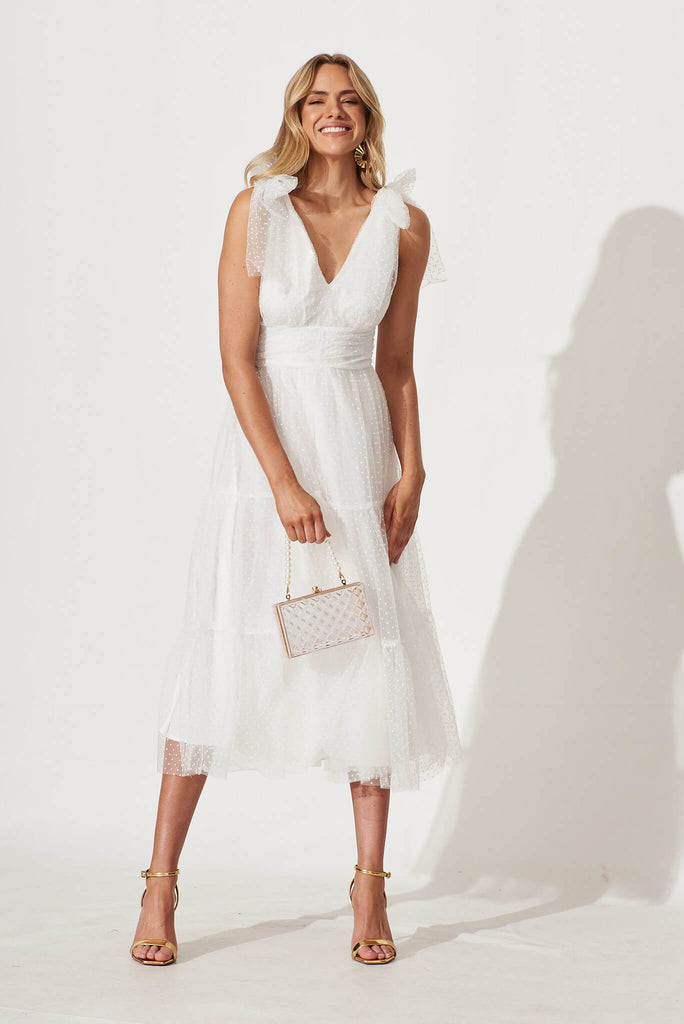 Aubrey Midi Dress In White Spot Tulle - full length