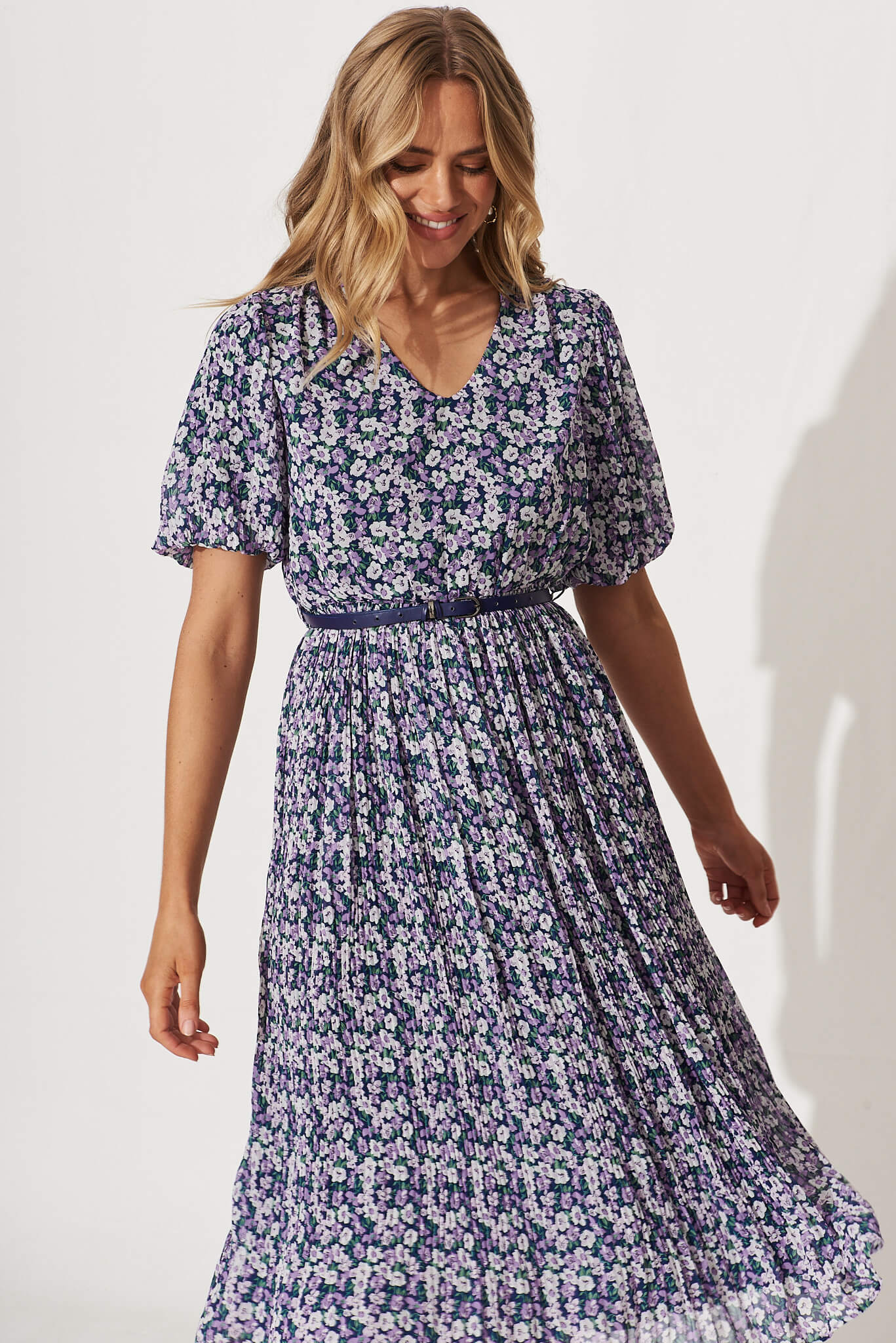 Rosalina Midi Dress With Belt In Multi Blue Floral – St Frock