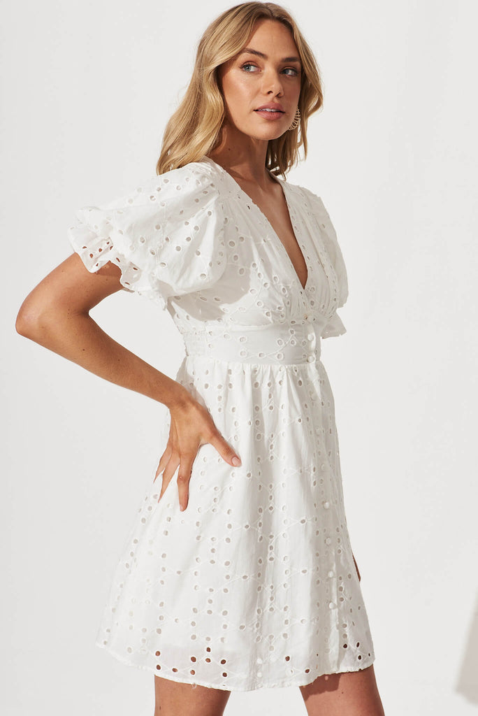 Tori Dress In White Cotton Broderie - side