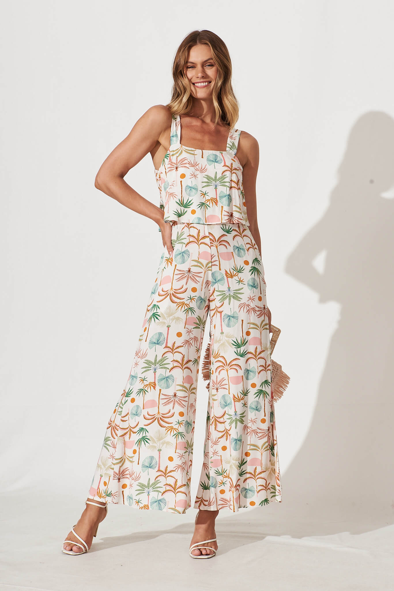 Sandcastle Jumpsuit In Multi Palm Print - full length