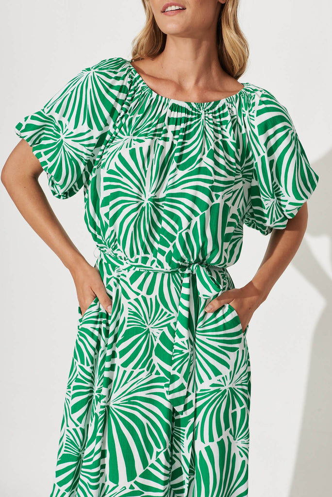 Raquelle Maxi Dress In Green And White Palm Print - detail