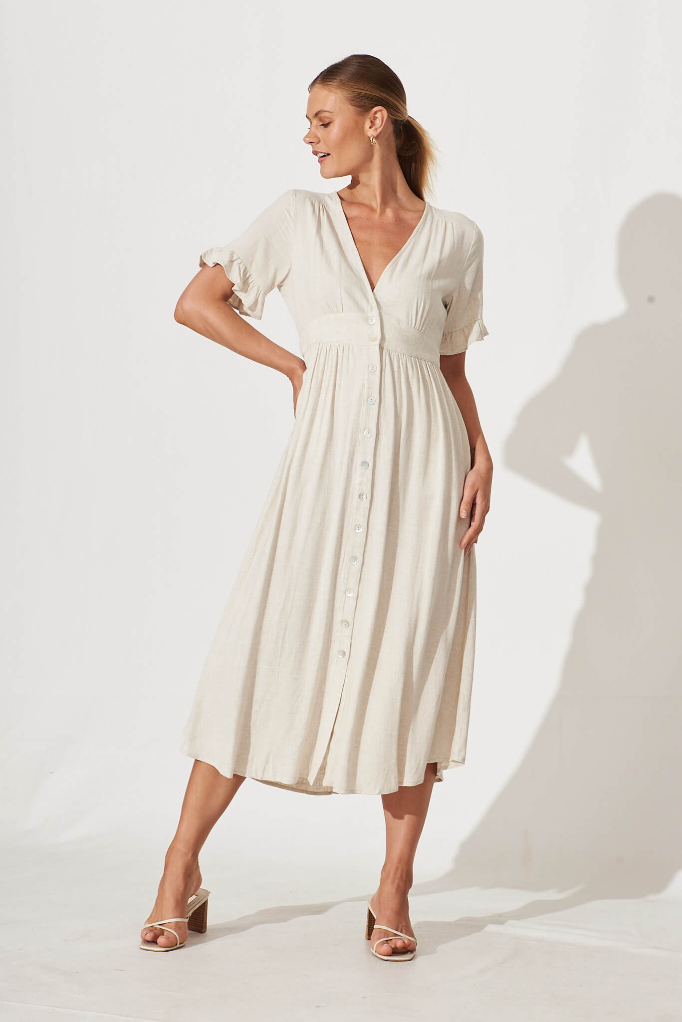 Aire Midi Dress In Oatmeal Linen - full length