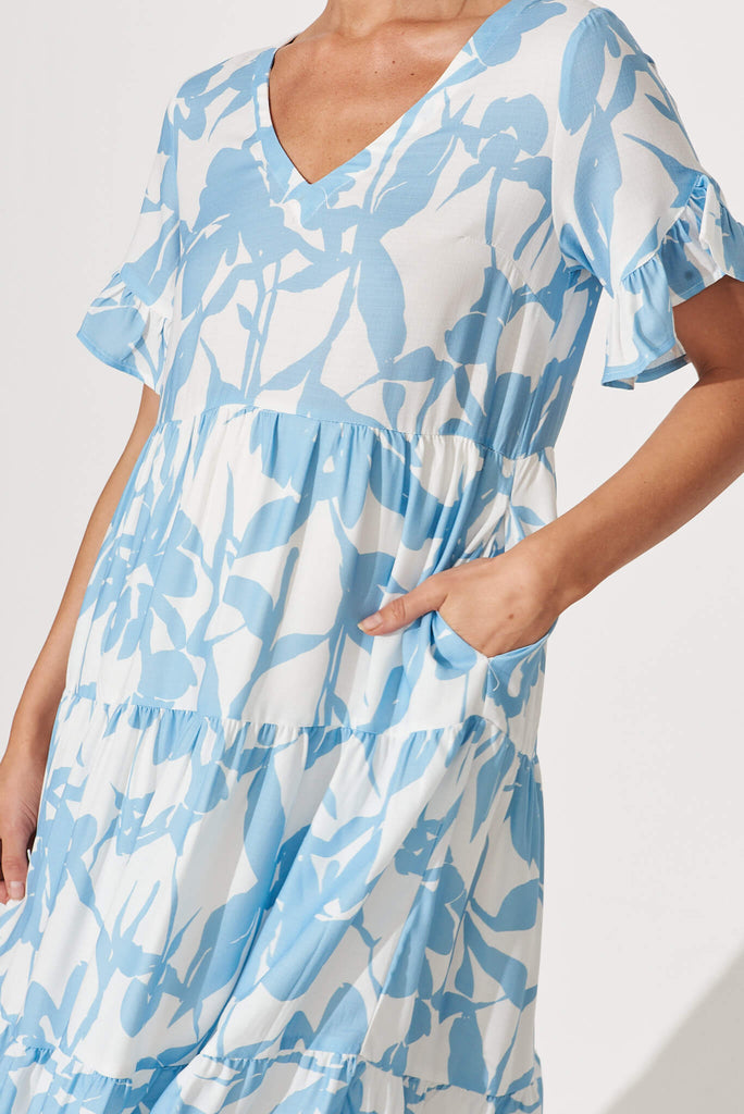 Kristen Midi Dress In White With Blue Floral Linen Blend - detail