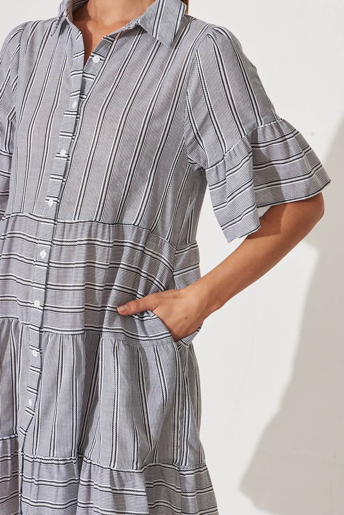 Glorianna Smock Dress In Black With White Stripe Cotton - detail