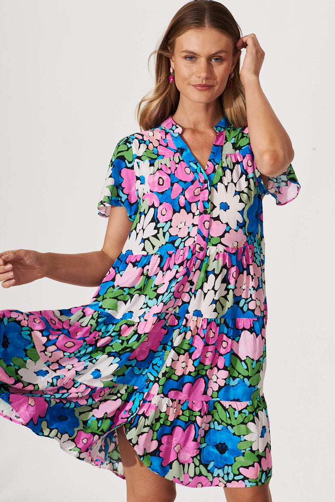 Saldana Smock Dress In Bright Multi Floral - front