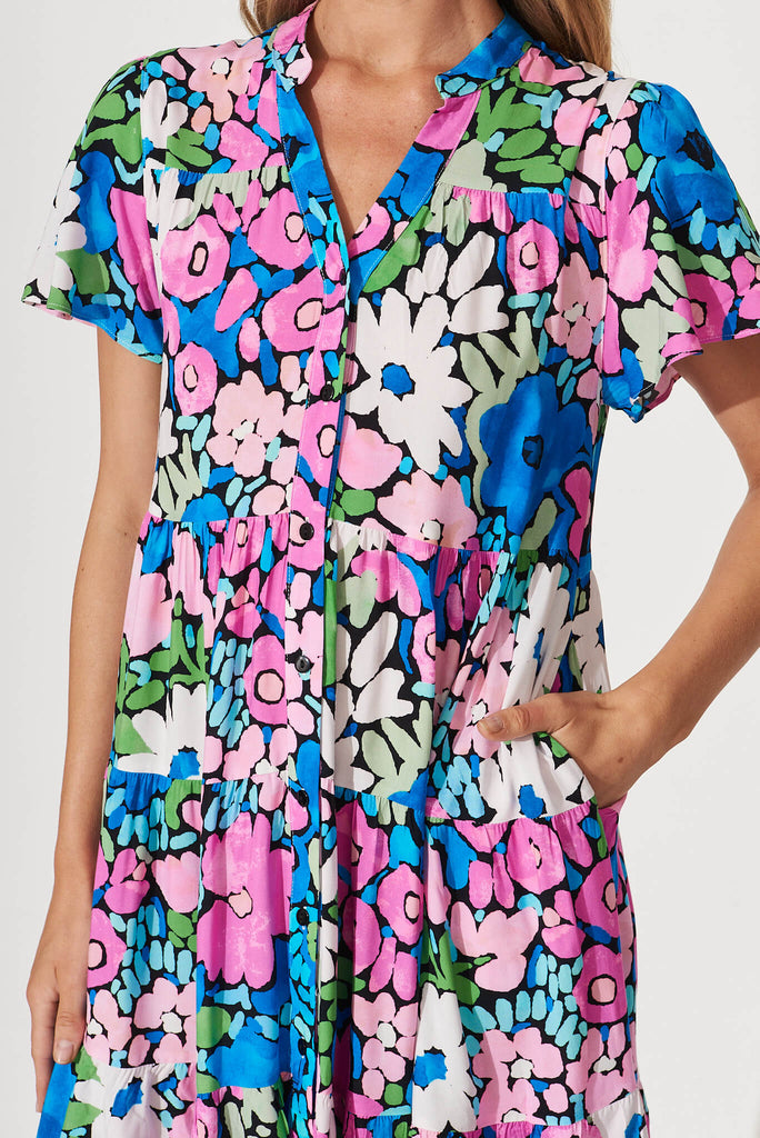 Saldana Smock Dress In Bright Multi Floral - detail