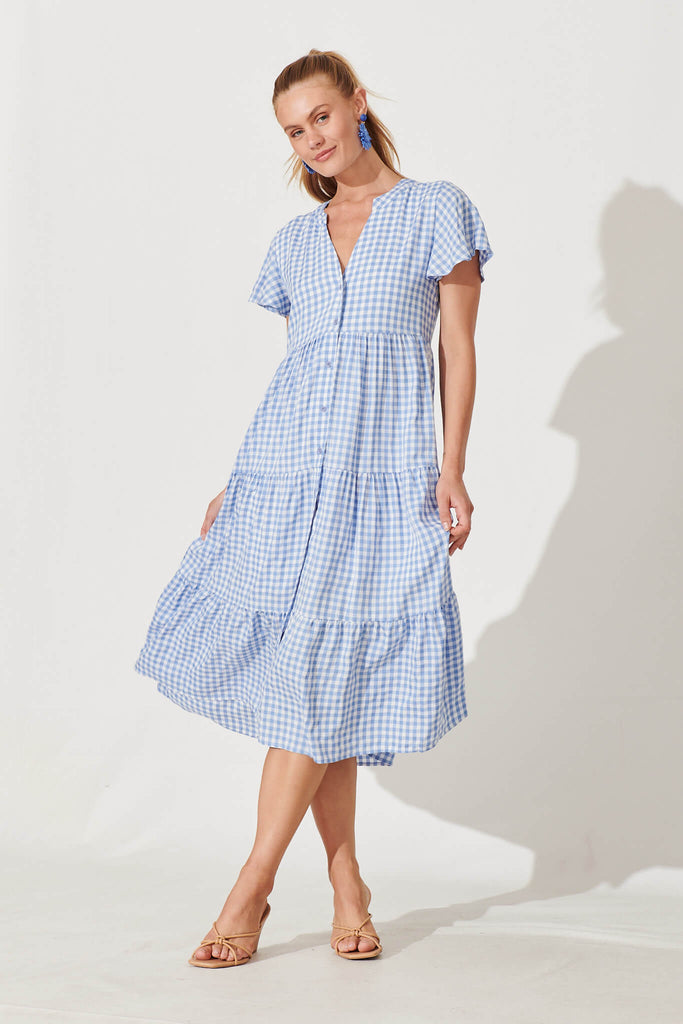 Bently Midi Dress In Blue Gingham Check Cotton Blend - full length