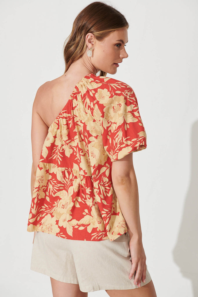 Quest One Shoulder Top In Red With Beige Floral Linen Blend - back