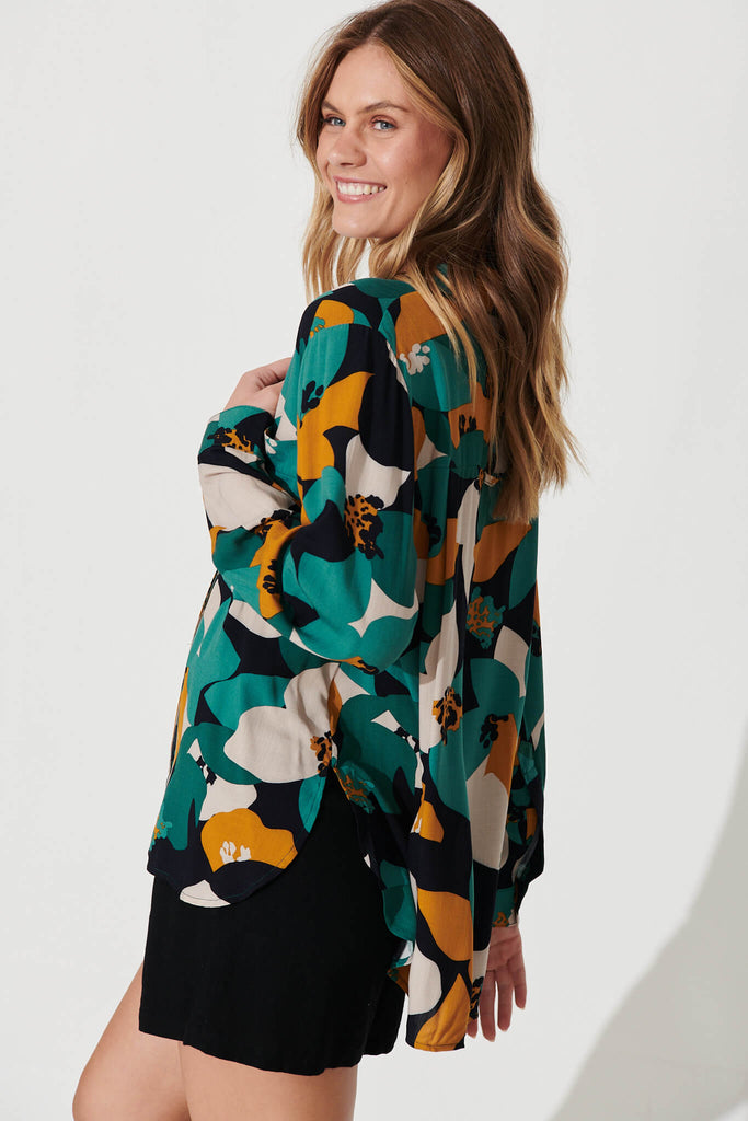 Milano Shirt In Teal With Mustard Print - side