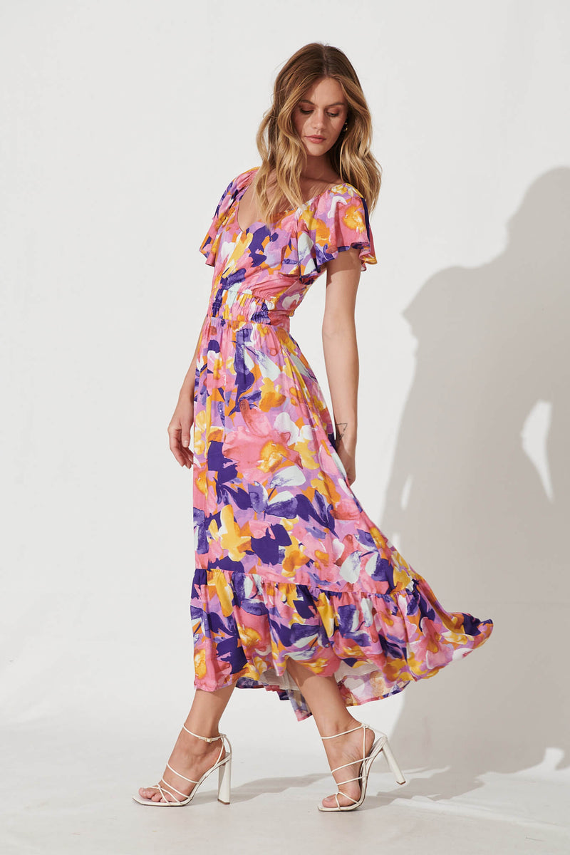 Lilith Midi Dress In Pink And Purple Print – St Frock