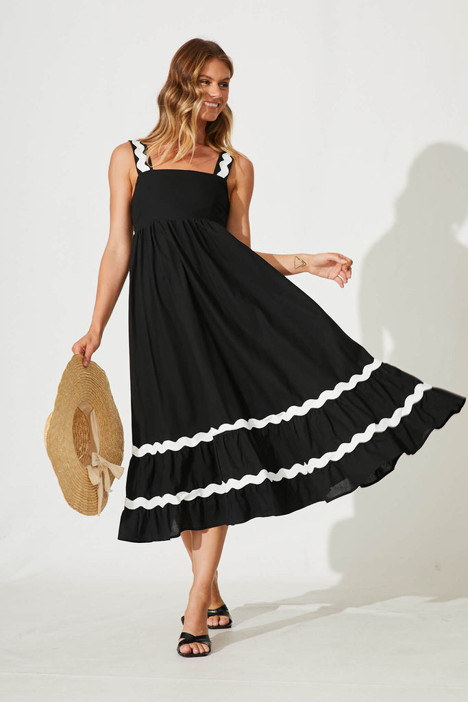 Idol Midi Sundress In Black With White Ric Rac Trim Cotton - full length