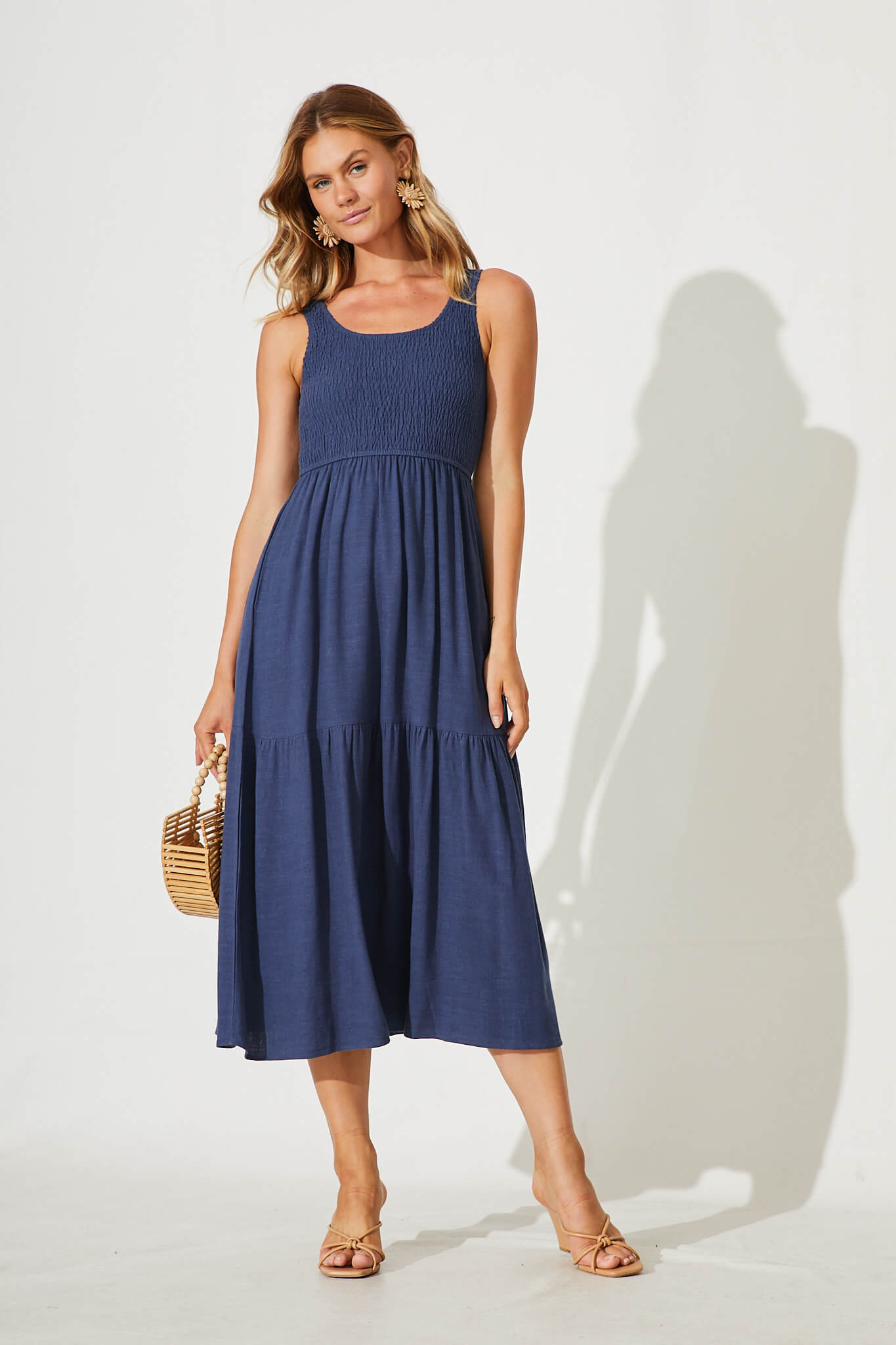 Caribbean Midi Dress In Navy Linen - full length