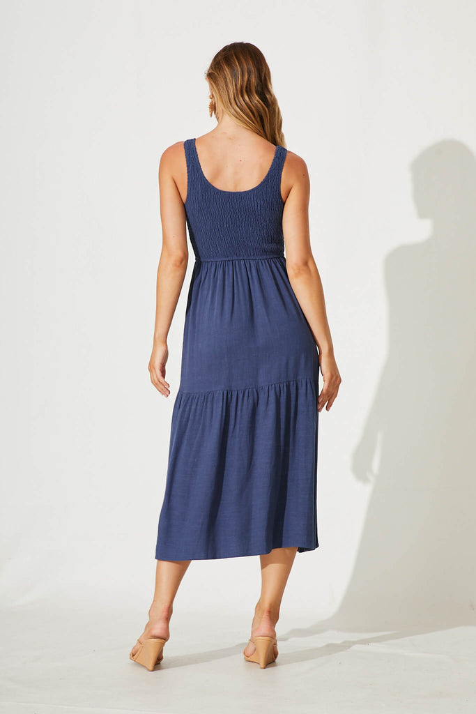 Caribbean Midi Dress In Navy Linen - back