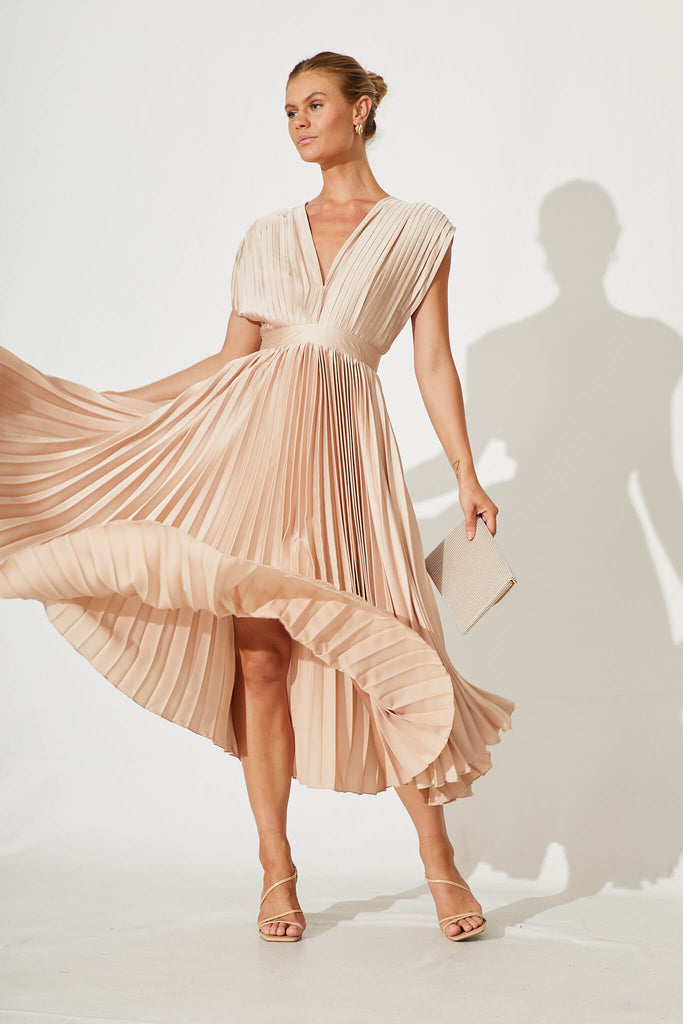 Anetta Midi Dress In Pleated Champagne Satin - full length