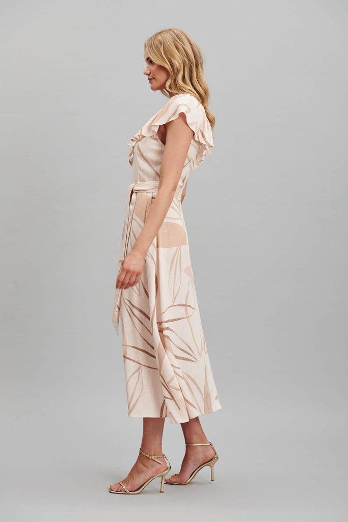 Emotions Maxi Dress In Beige Leaf Print Linen Blend - side