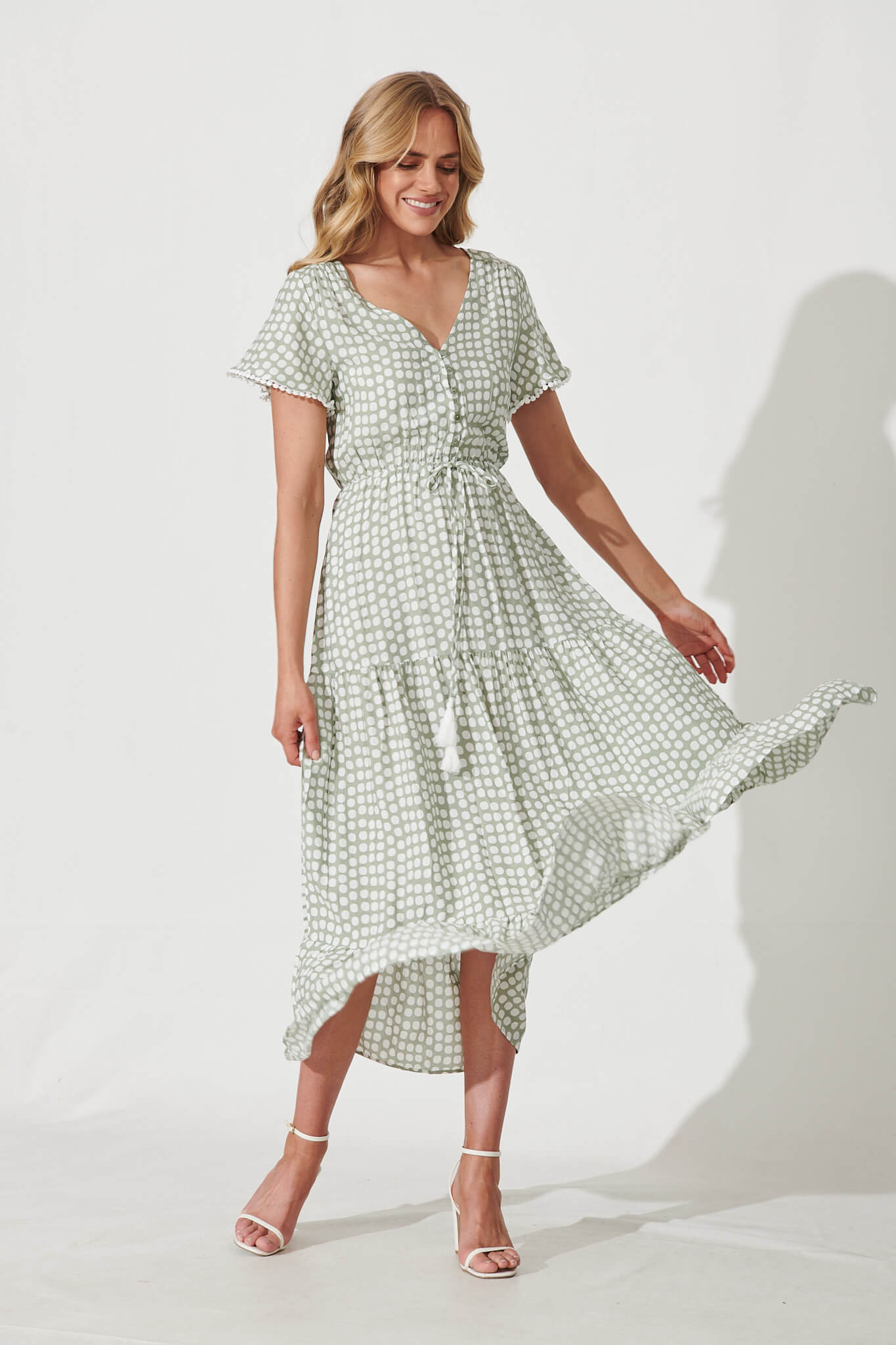 Yara Maxi Dress In Green With White Polka Dot - full length