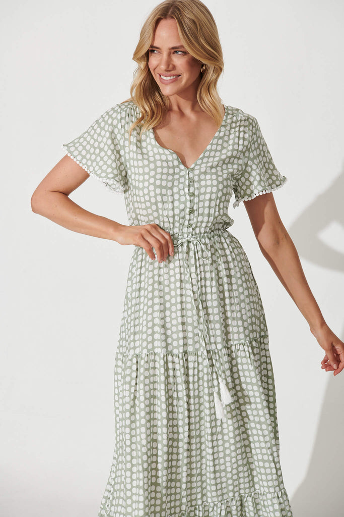 Yara Maxi Dress In Green With White Polka Dot - front