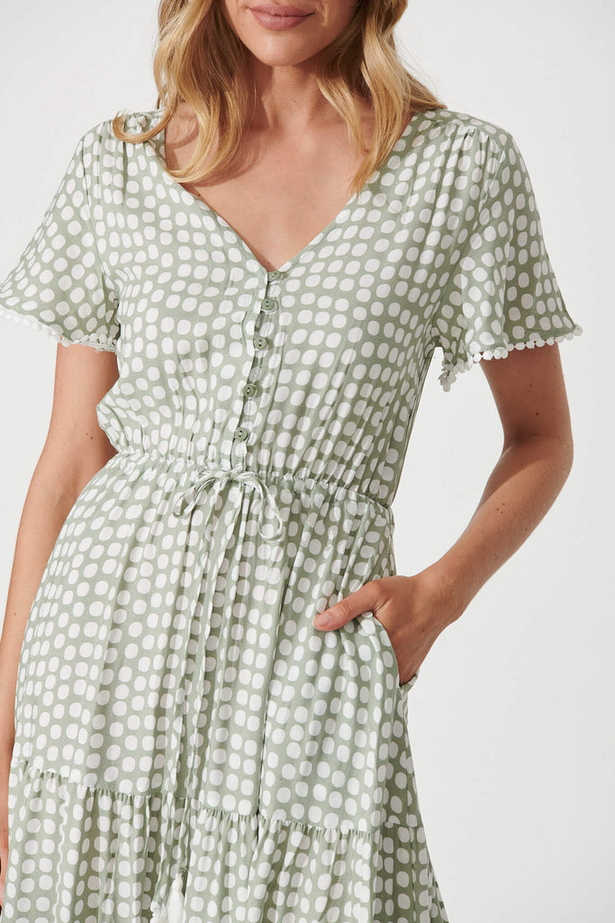 Yara Maxi Dress In Green With White Polka Dot - detail