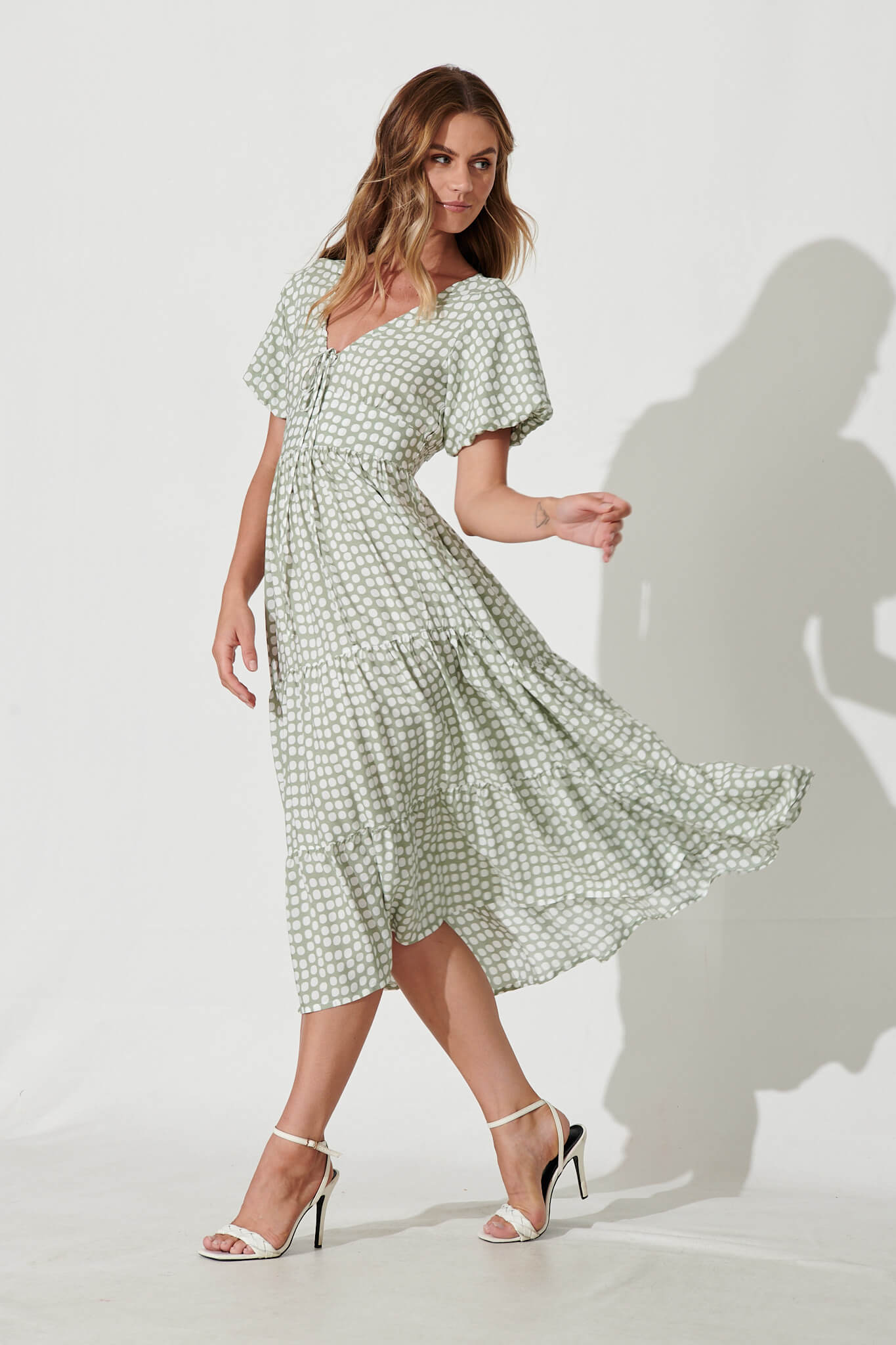 Julia Midi Dress In Green With White Polka Dot St Frock