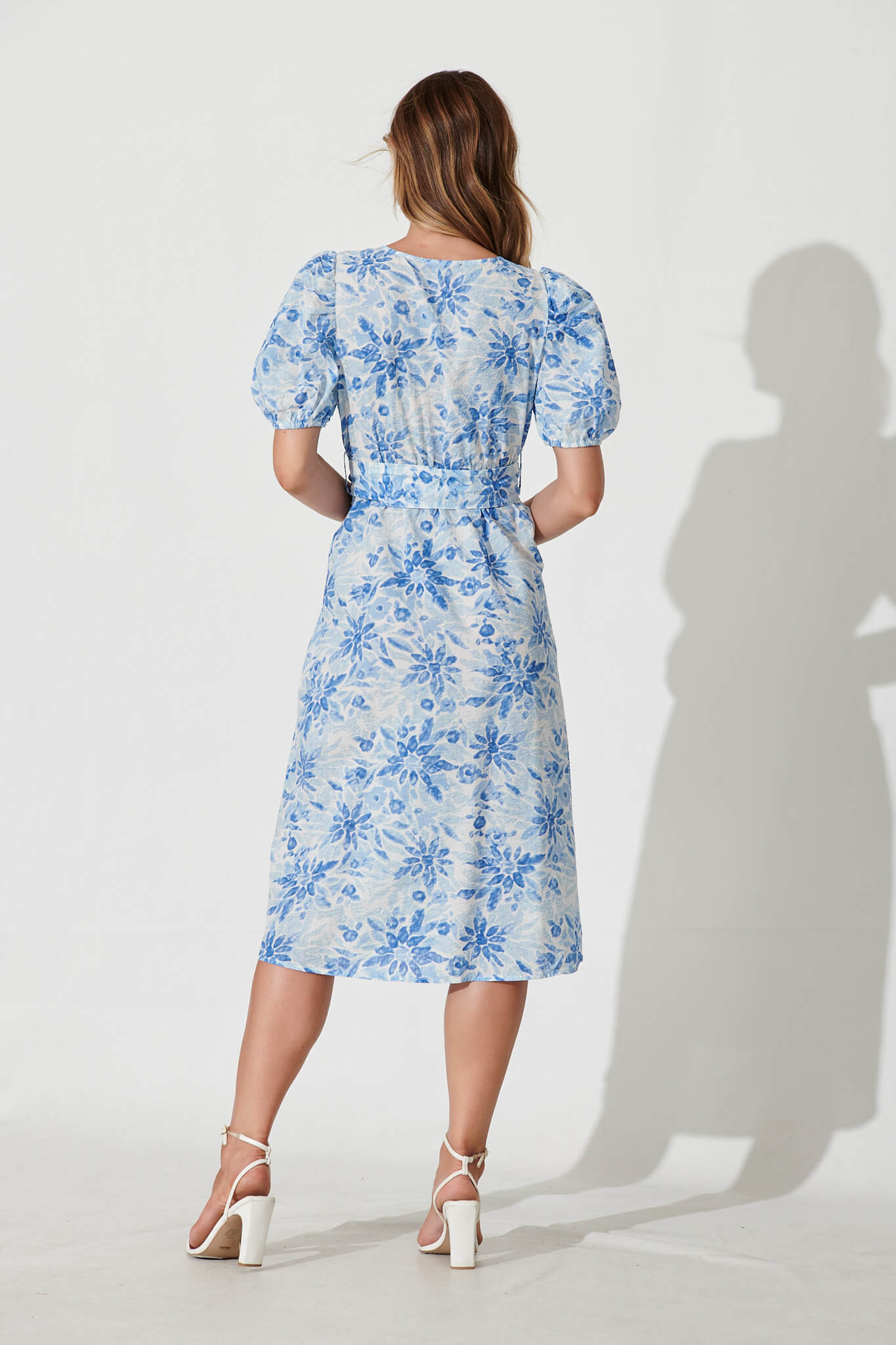 Lori Midi Dress In White With Blue Floral Cotton – St Frock