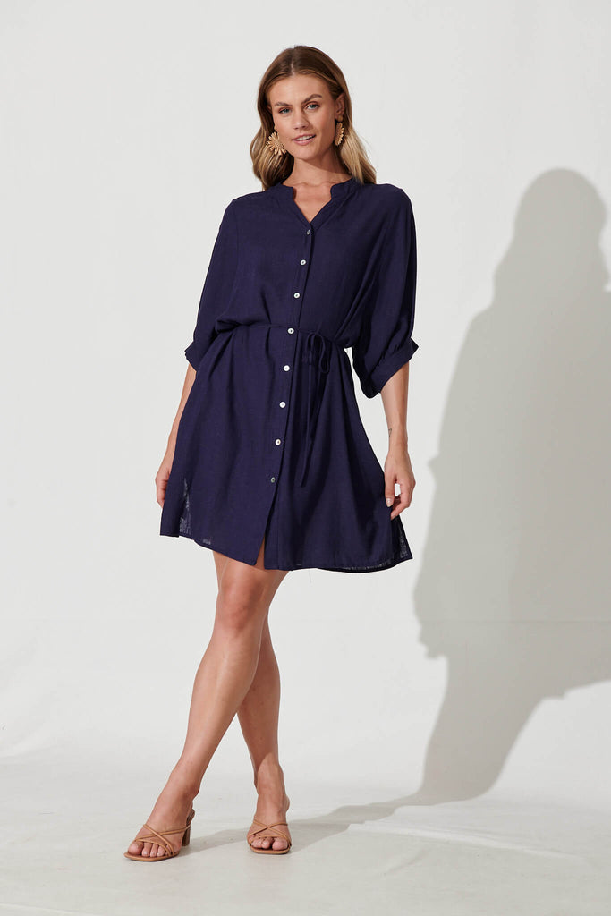 Vanuatu Shirt Dress In Navy Linen Blend - full length