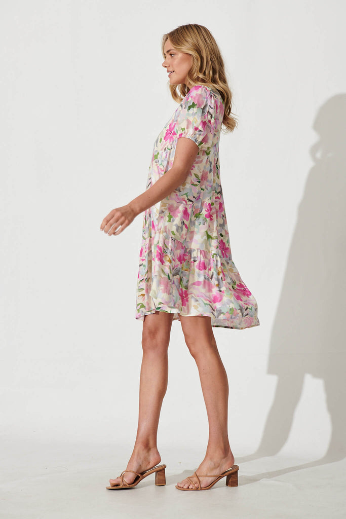 Annie Smock Dress In White With Pink Multi Floral Cotton Blend - side